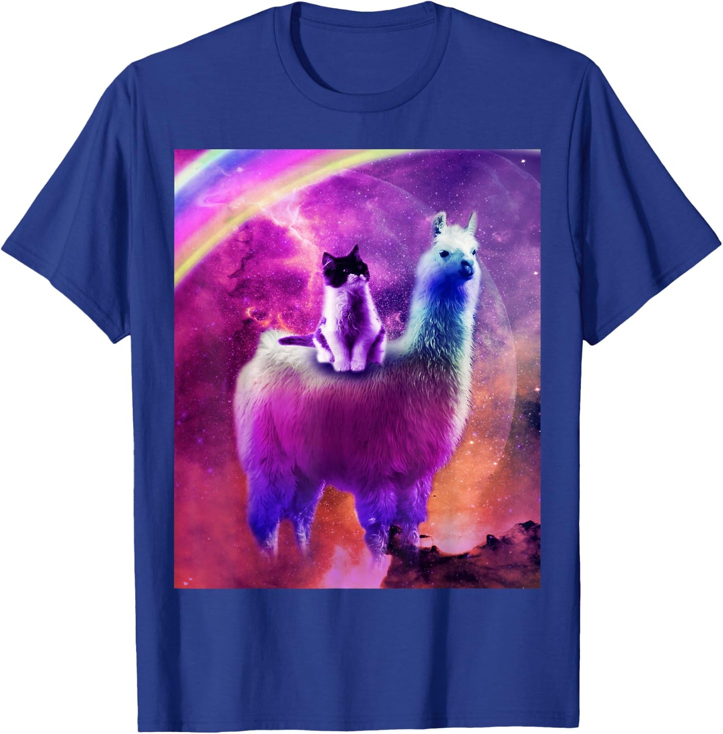 Kitty Cat Riding On Rainbow Llama In Space T-Shirt - T-Shirt | Royal