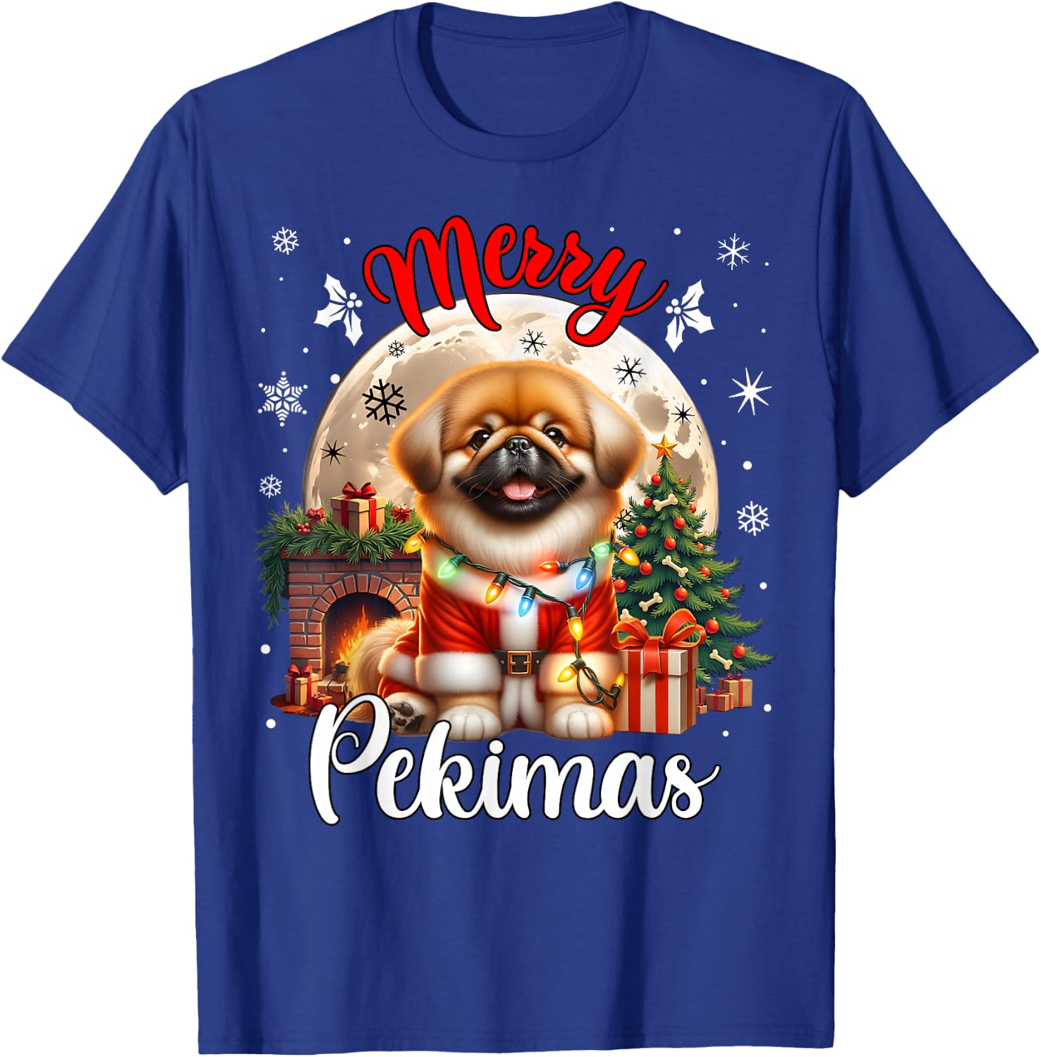 Merry Christmas Pekingese & Women -Adults Black Small Cartoon Humor Modern Round Collar Straight Short Sleeve T-Shirt - T-Shirt | Royal