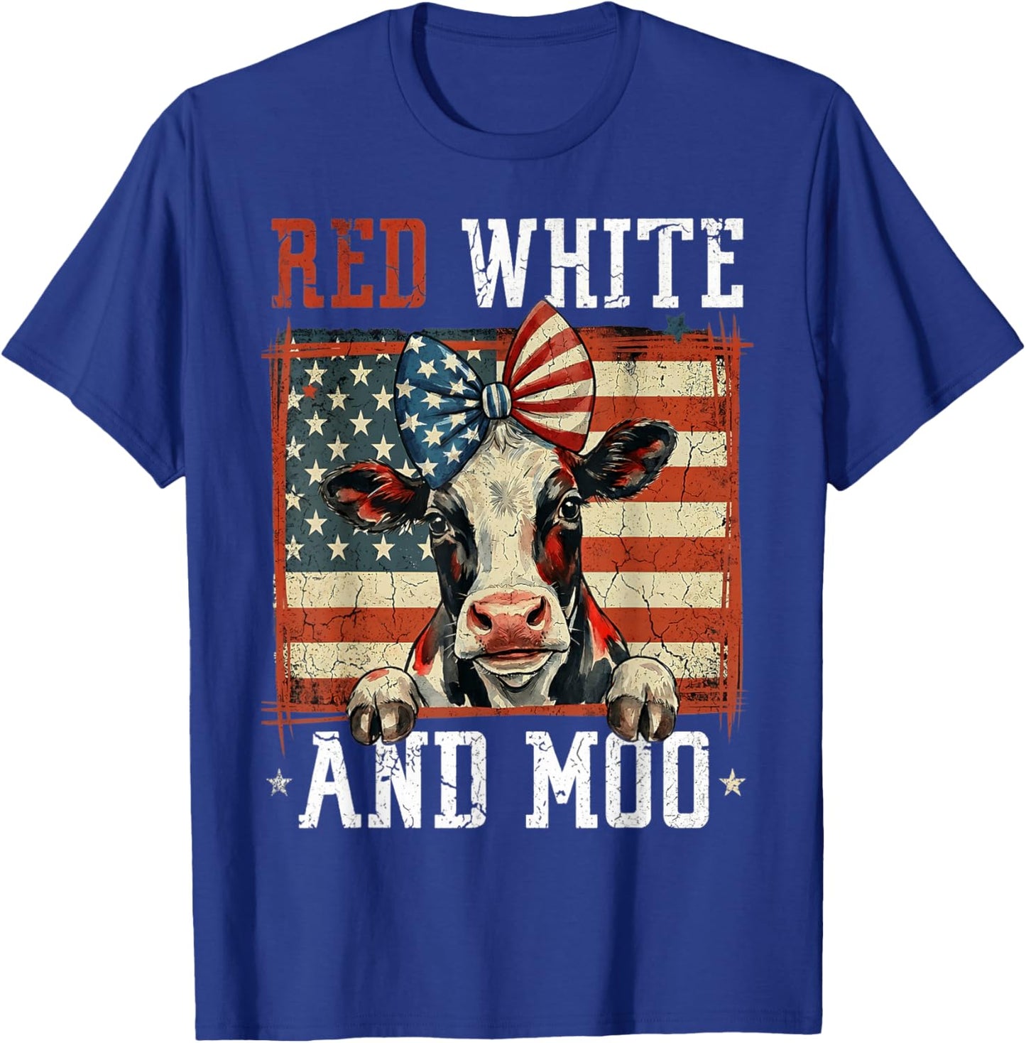 Red White and Moo Patriotic Cow USA Flag 4th of July T-Shirt - T-Shirt | Royal