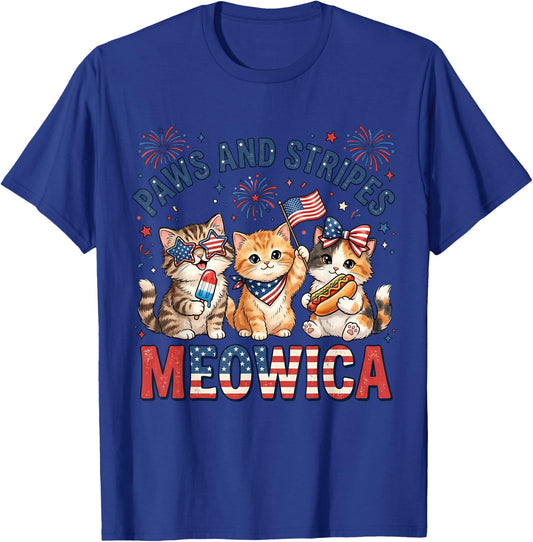 Paws and Stripes Meowica Patriotic Cat 4th of July Kitten T-Shirt - T-Shirt | Royal
