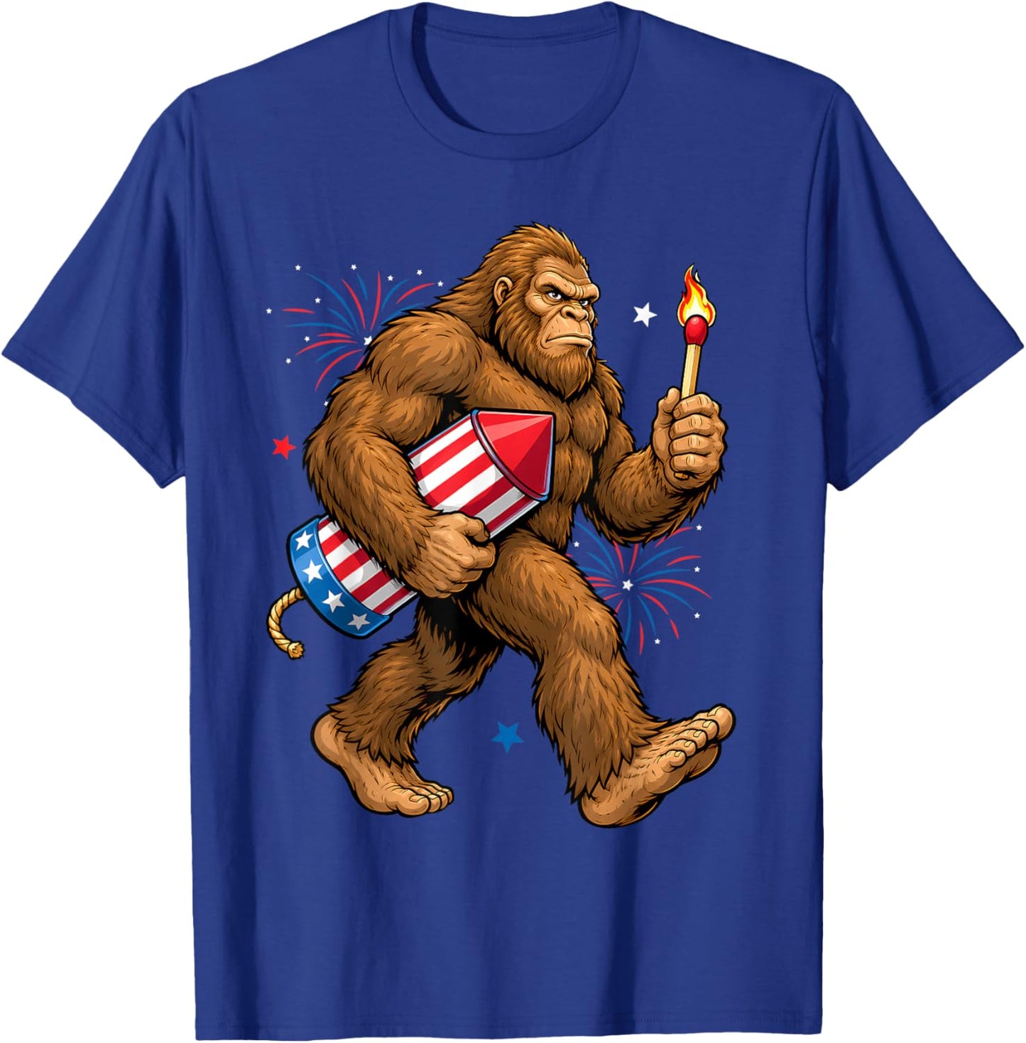 Funny Bigfoot Sasquatch American Flag Fireworks 4th of July T-Shirt - T-Shirt | Royal