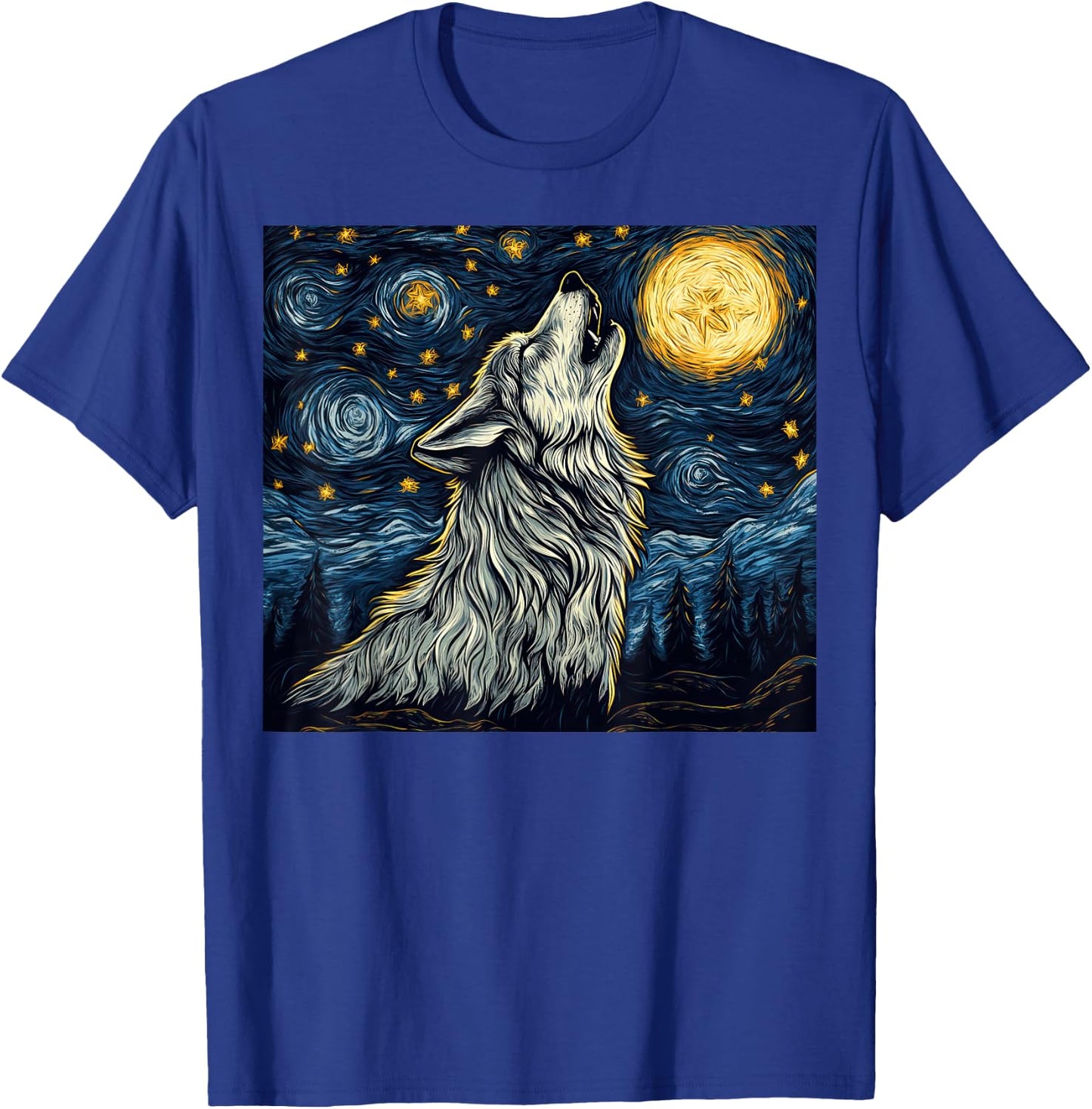 Wolf Starry Night Howling Moon Funny Van Gogh Graphic T-Shirt - T-Shirt | Royal