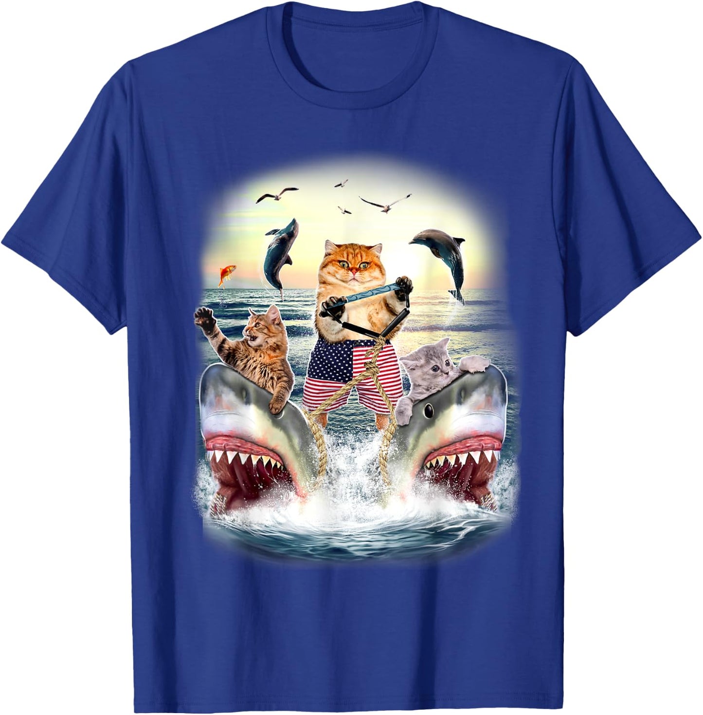 Cat Waterski With Sharks Sunset T-Shirt - T-Shirt | Royal
