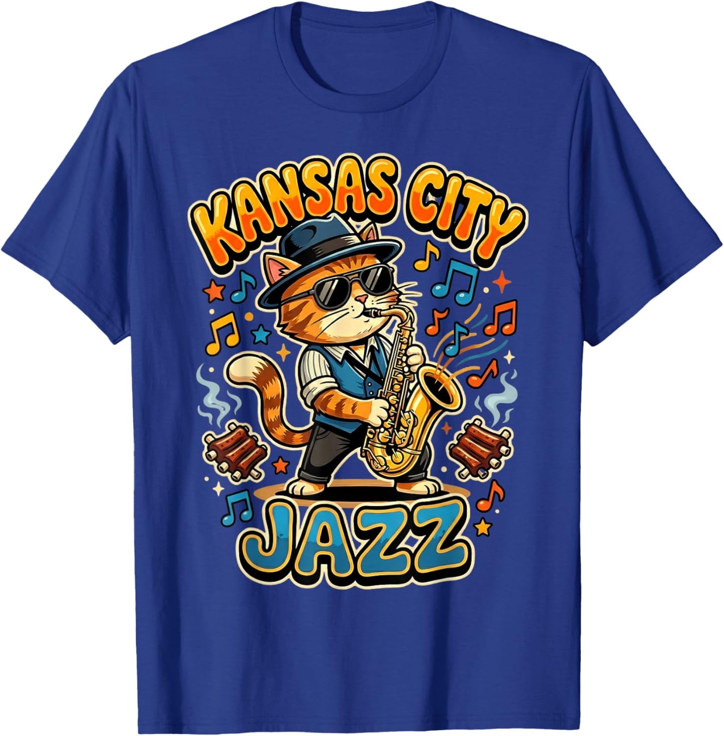 Kansas City Jazz Saxophone Cat Playing BBQ Ribs T-Shirt - T-Shirt | Royal