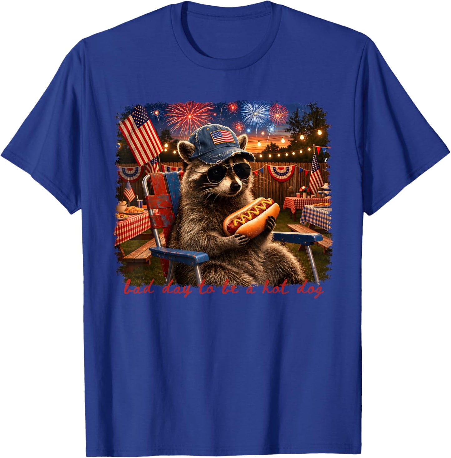4Th of July Raccoon Drinking Funny Bad Day to Be A Hot Dog T-Shirt - T-Shirt | Royal