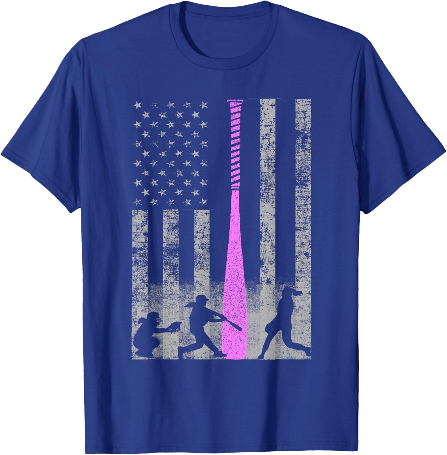 American Softball Flag - Players and Pink Bat T-Shirt - T-Shirt | Royal