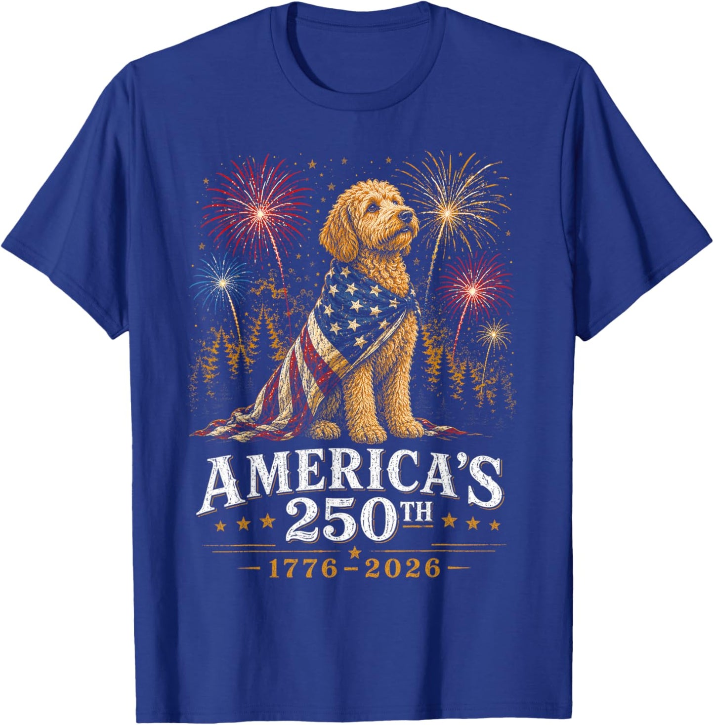 Goldendoodle USA Flag America's 250th Anniversary 1776 2026 T-Shirt - T-Shirt | Royal