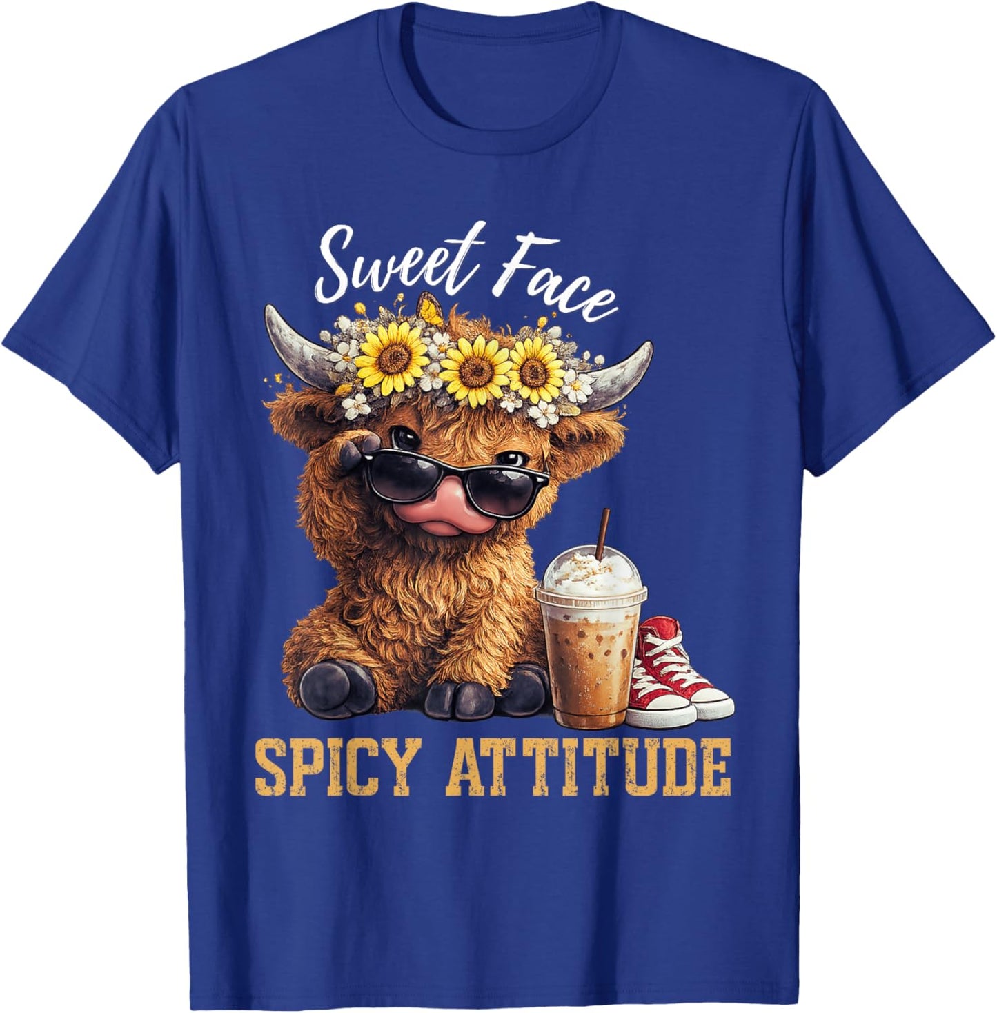 Sweet Face Spicy Attitude Funny Highland Cow T-Shirt - T-Shirt | Royal
