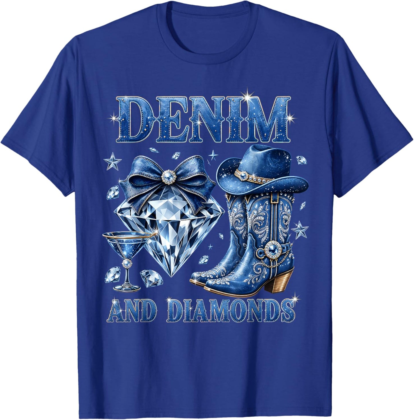 Denim and Diamonds Bow Western Cowgirl Ladies Girls Women T-Shirt - T-Shirt | Royal