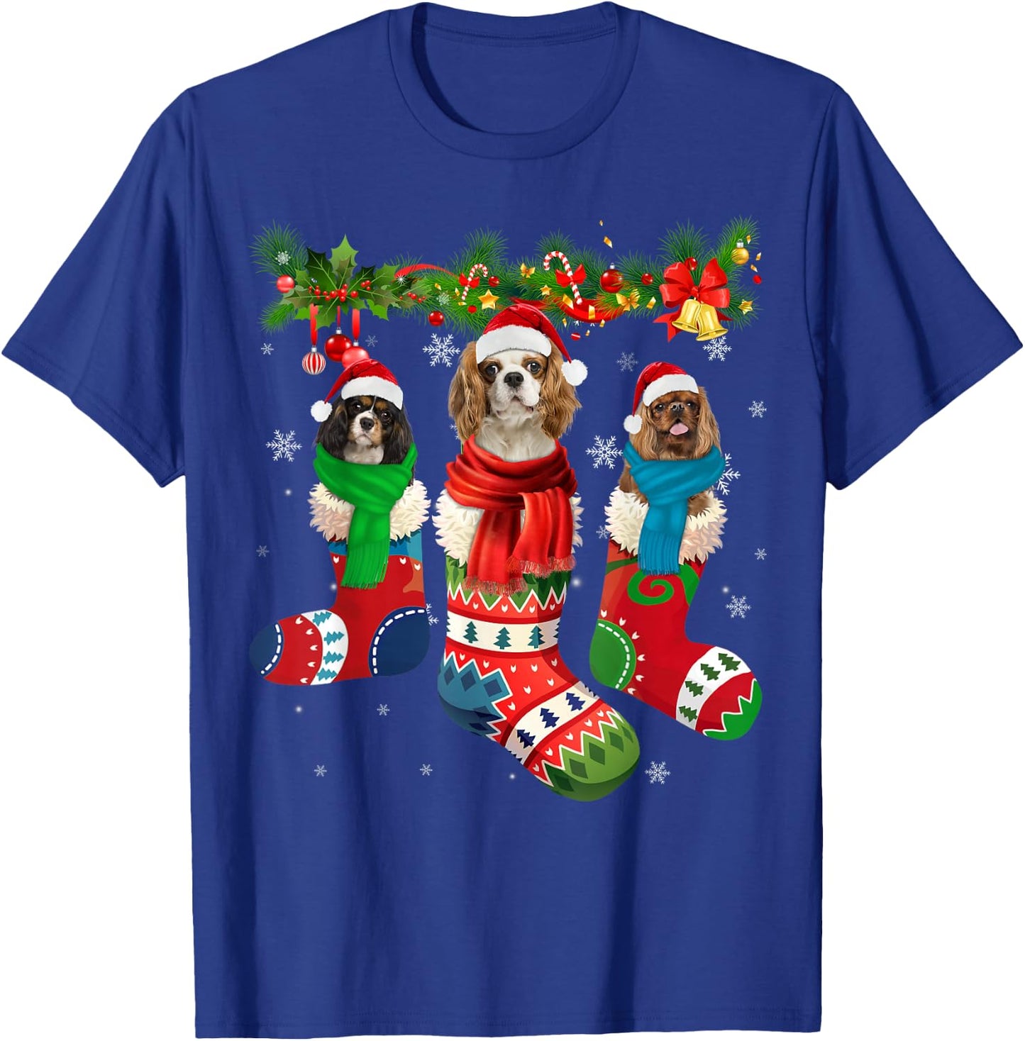 Three Cavalier King Charles Spaniel In Christmas Sock T-Shirt - T-Shirt | Royal