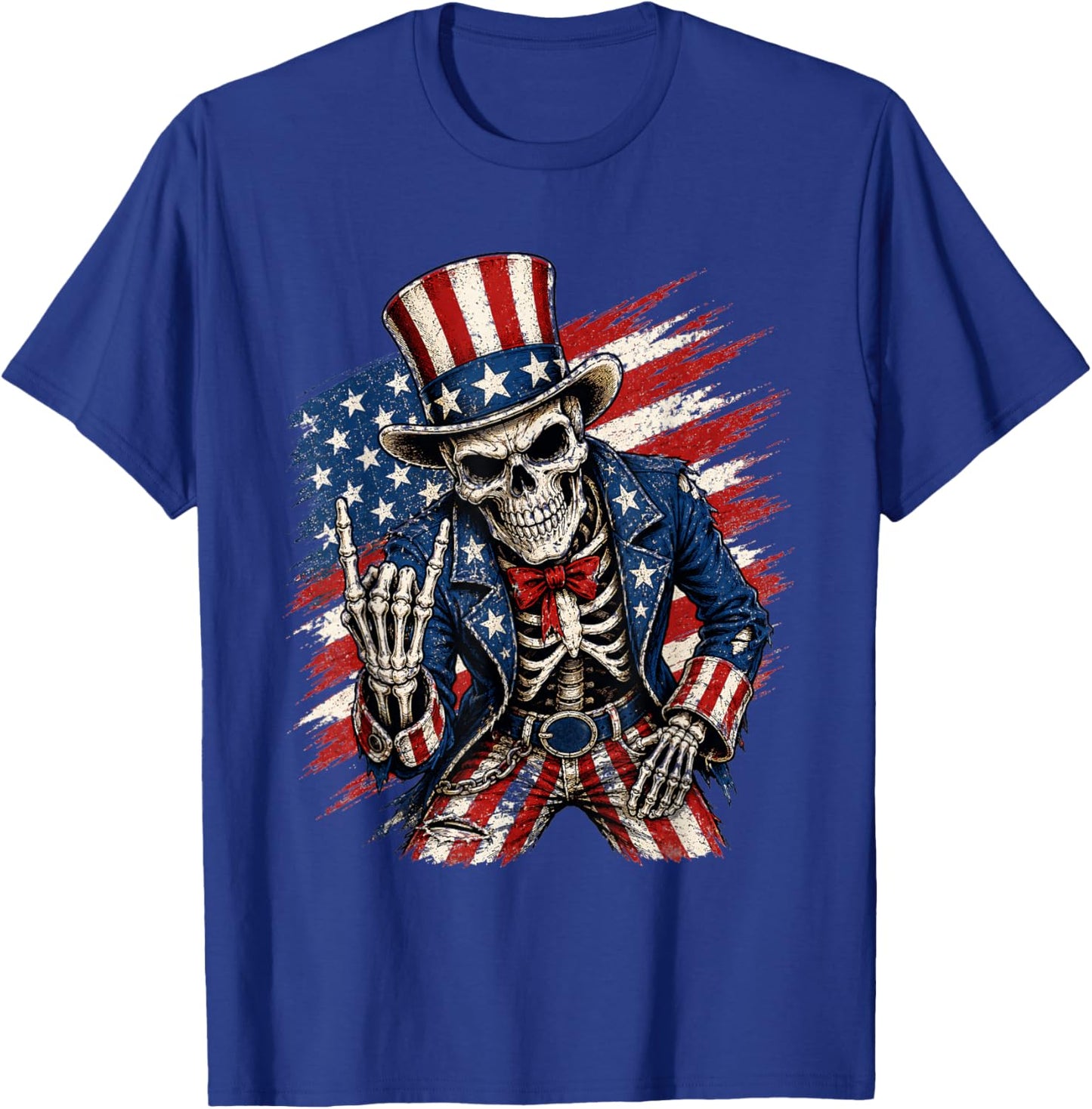 Patriotic Skeleton 4th of July Rock Hand USA American Flag T-Shirt - T-Shirt | Royal