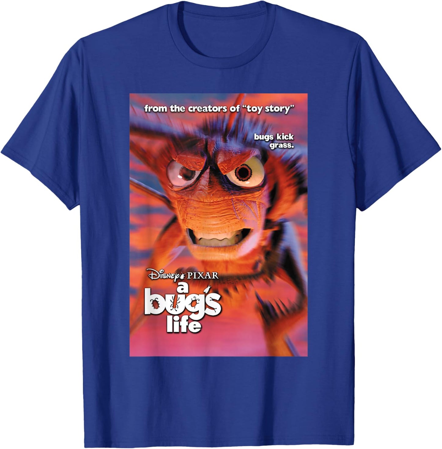 Disney Pixar A Bug's Life Hopper Bugs Kick Grass Poster T-Shirt - T-Shirt | Royal
