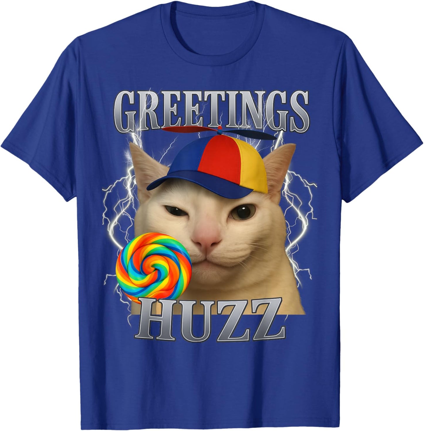 Greetings Huzz Cat Silly Funny Cat Meme Men Women Graphic T-Shirt - T-Shirt | Royal