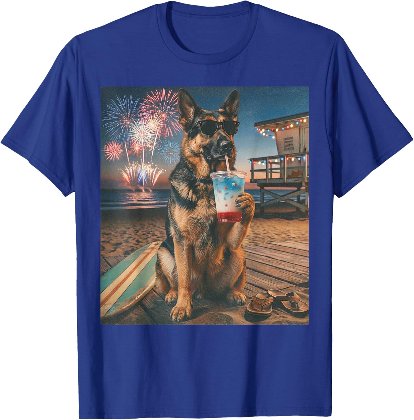 Funny German Shepherd Patriotic Beach Fireworks Dog Art T-Shirt - T-Shirt | Royal
