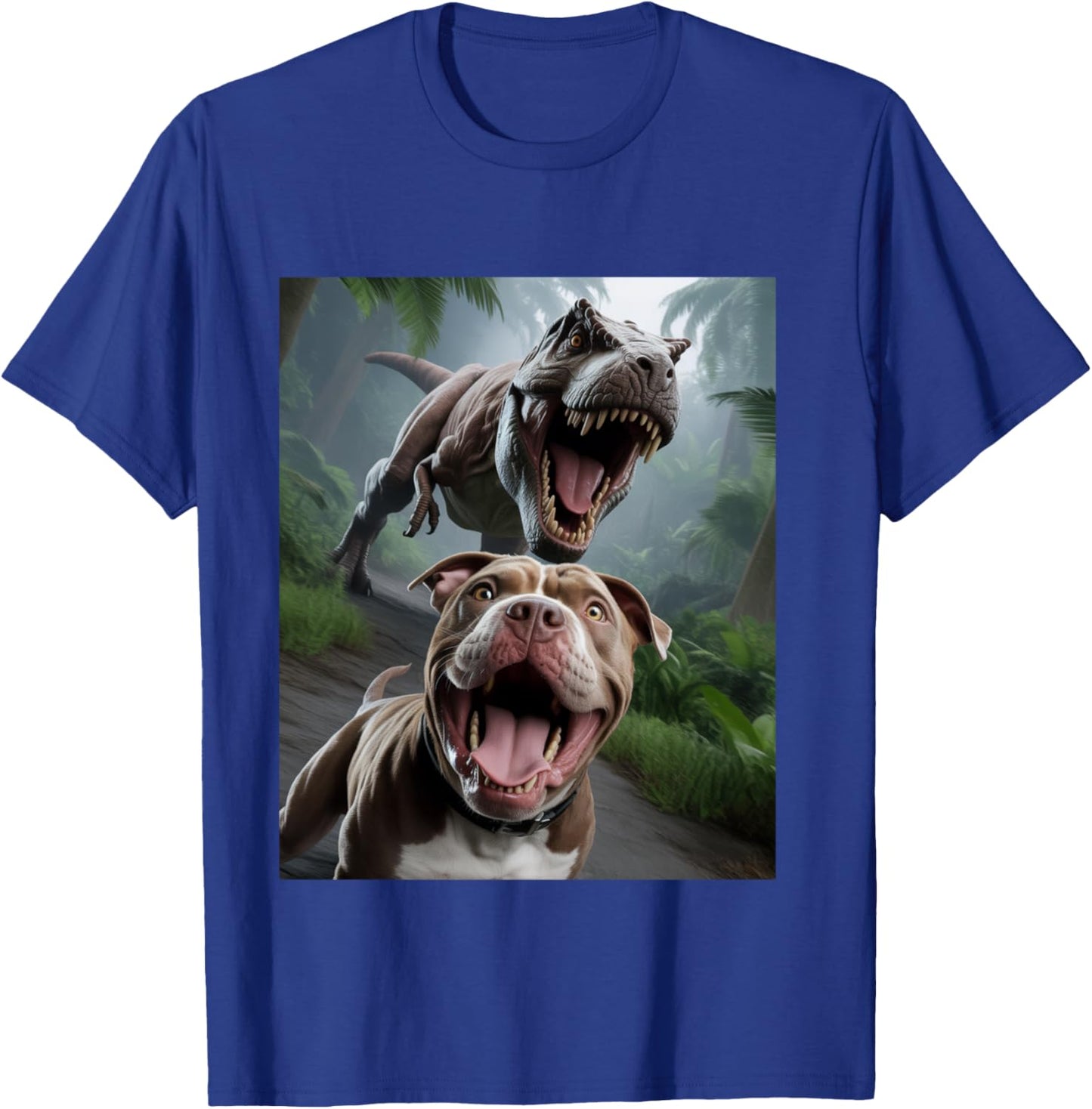 Funny Pitbull Dog Selfie with T-Rex T-Shirt - T-Shirt | Royal