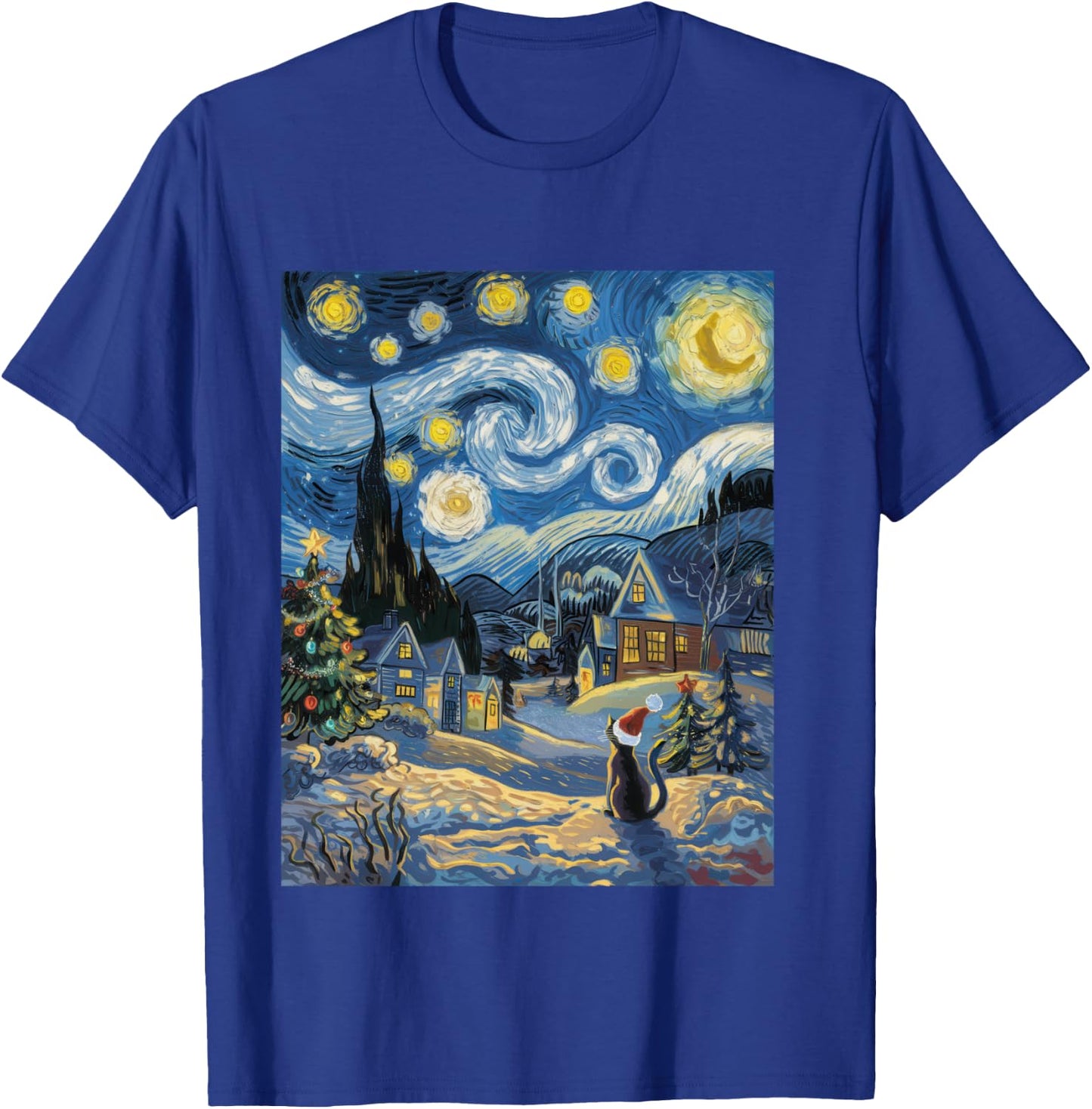 Starry Night Festive Christmas Cat Santa Winter Xmas T-Shirt - T-Shirt | Royal