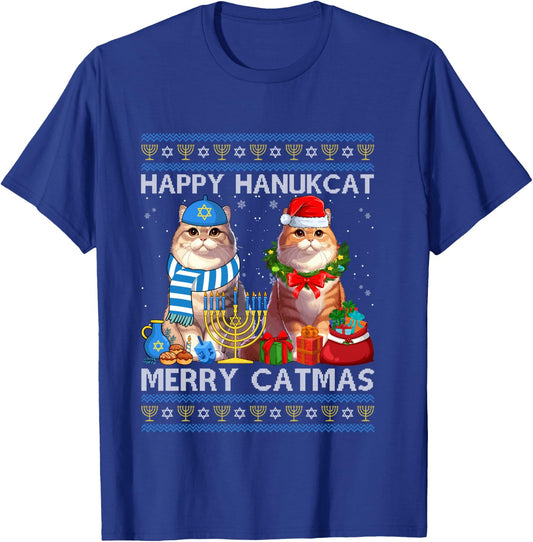 Happy Hanukcat Merry Catmas Ugly Christmas Chanukah Sweater T-Shirt - T-Shirt | Royal
