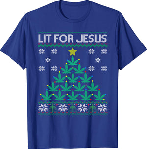 Lit for Jesus Weed Marijuana Cannabis Leaf Christmas Tree T-Shirt - T-Shirt | Royal