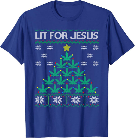 Lit for Jesus Weed Marijuana Cannabis Leaf Christmas Tree T-Shirt - T-Shirt | Royal