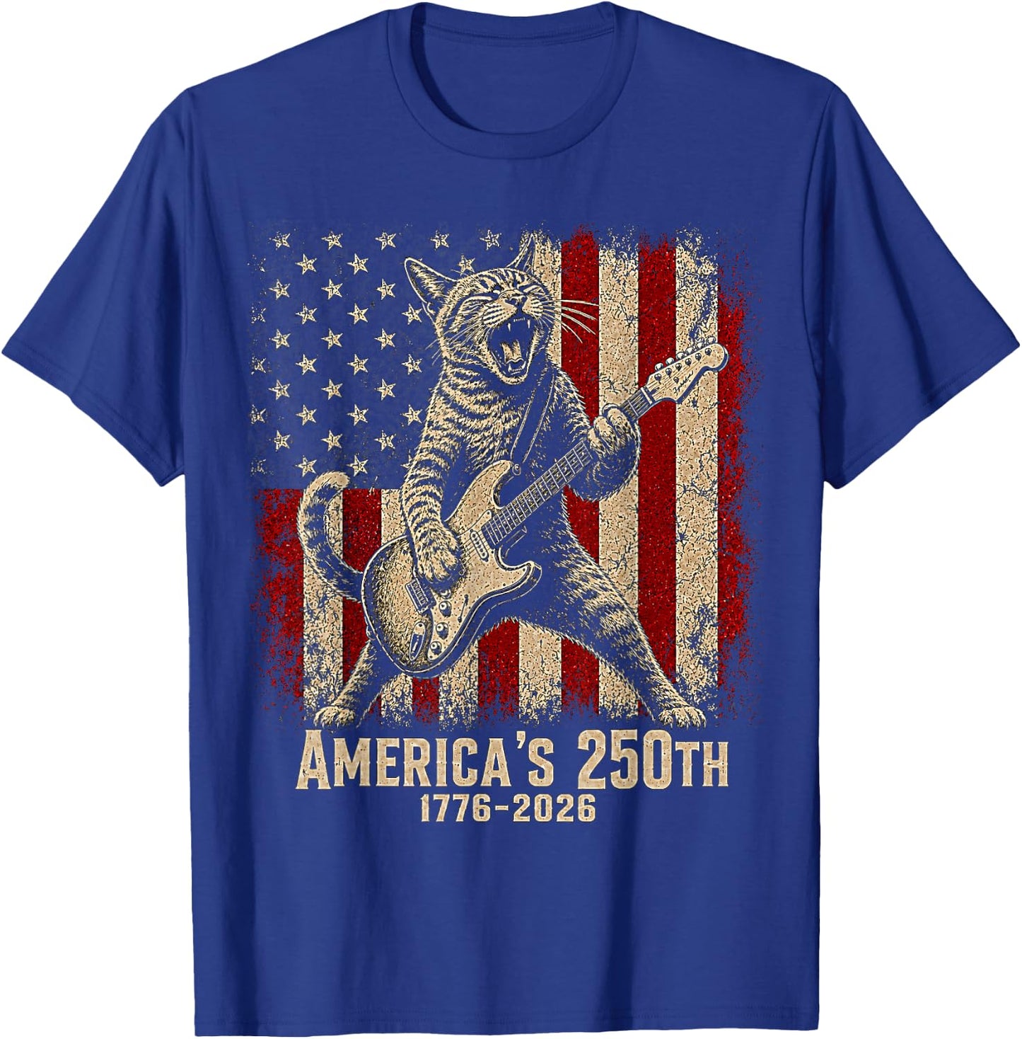 Cat Playing Guitar 250 Years American USA Flag 4th of July T-Shirt - T-Shirt | Royal