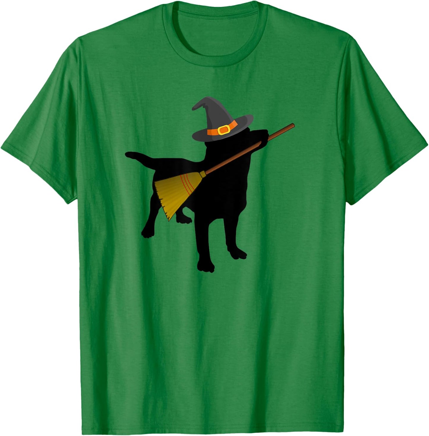 Funny Halloween Black Lab Dog Cute Witch Hat Broom T-Shirt - T-Shirt | Irish Green