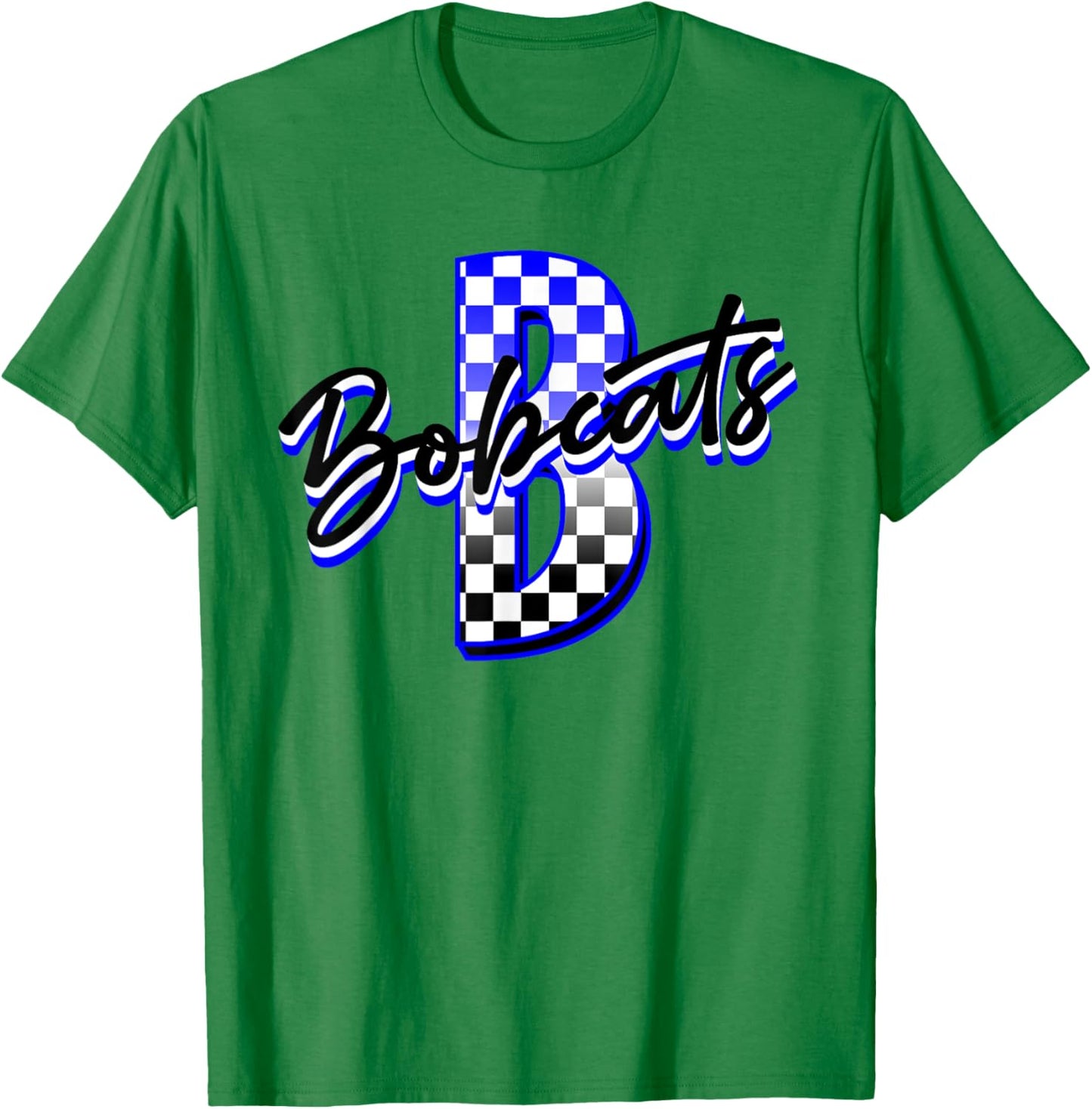 Bobcats Checkered Print Mascot School Spirit Blue Bobcat T-Shirt - T-Shirt | Irish Green