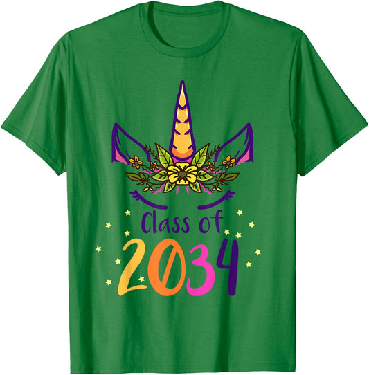 Unicorn Class Of 2034 Grow With Me Kindergarten Girls Gift T-Shirt - T-Shirt | Irish Green