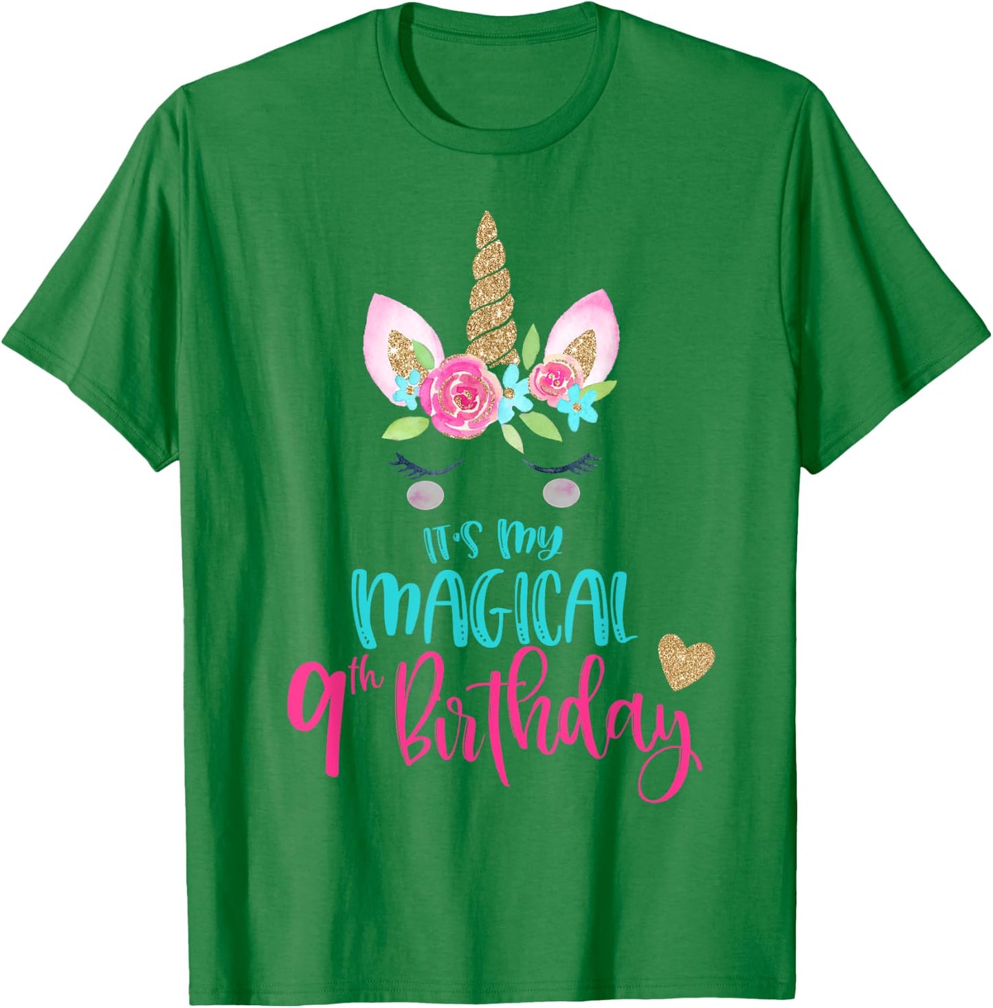 Unicorn 9th Birthday Party Shirt Girl 9 Years Old T-Shirt - T-Shirt | Irish Green