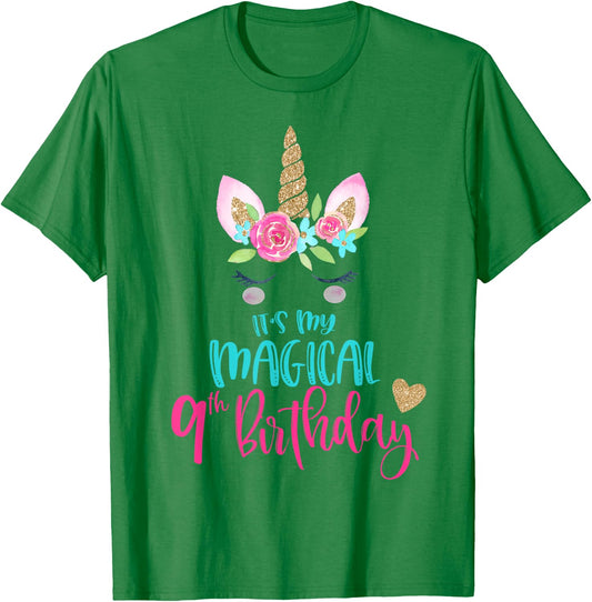 Unicorn 9th Birthday Party Shirt Girl 9 Years Old T-Shirt - T-Shirt | Irish Green