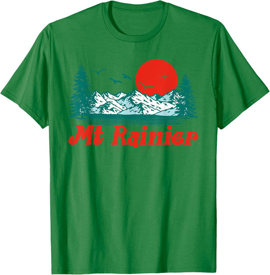 Retro Mt Rainier Mountain Trees & Sun Scene Graphic T-Shirt - T-Shirt | Irish Green