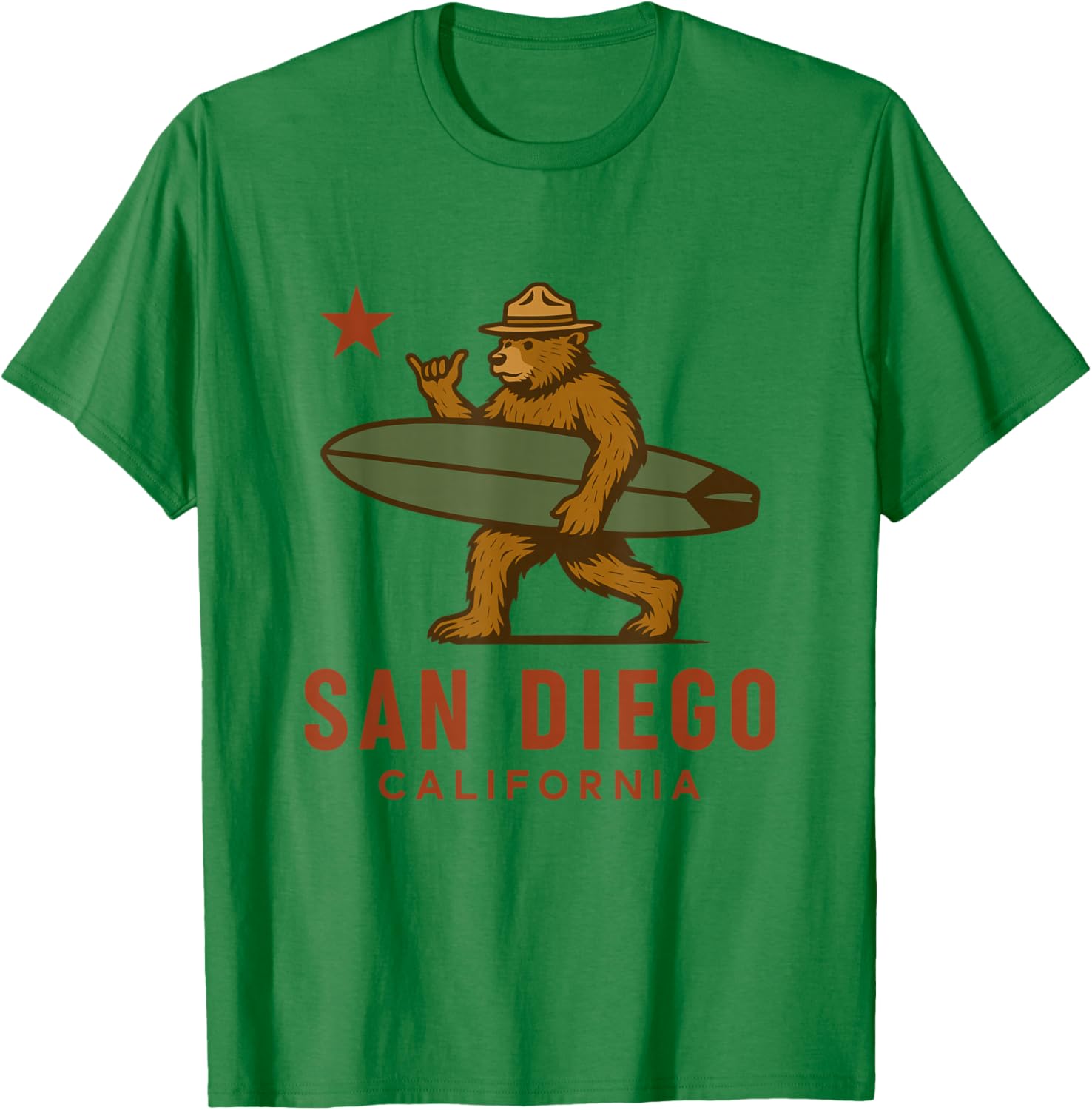San Diego California Bear Surf Board Shaka Cali Vibes T-Shirt - T-Shirt | Irish Green
