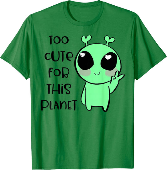 Kawaii Alien Art Too Cute For This Planet T-Shirt - T-Shirt | Irish Green