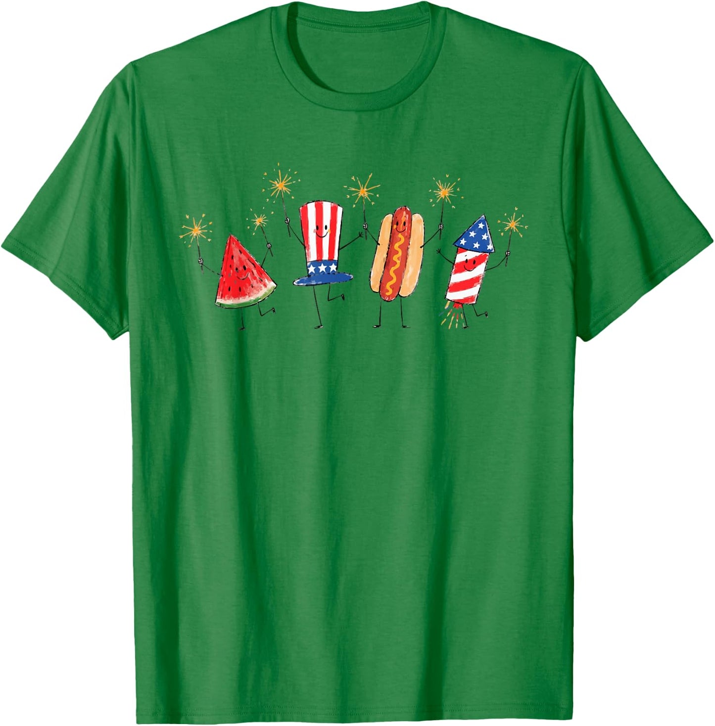 Cute Patriotic Doodle Watermelon Hotdog Firework 4th of July T-Shirt - T-Shirt | Irish Green