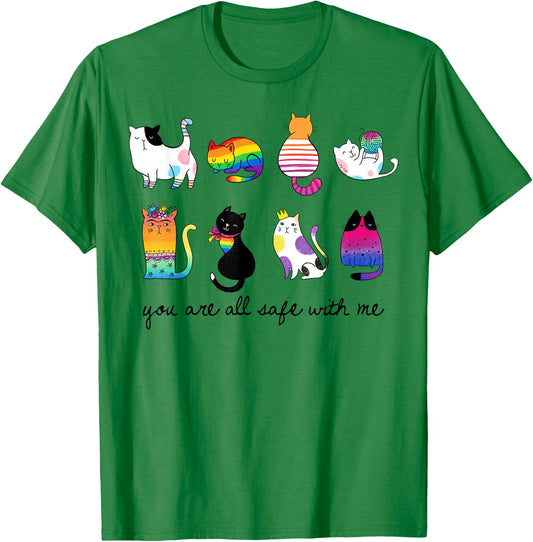 LGBTQ Flag Cats You are All Safe with Me Gay Pride Ally Cat T-Shirt - T-Shirt | Irish Green