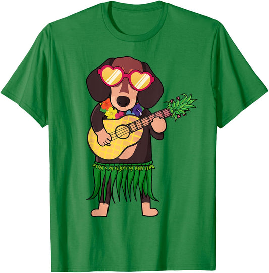 Dachshund Hawaiian Costume Playing Ukulele Summer Shirt Women Kids T-Shirt - T-Shirt | Irish Green