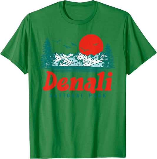 Retro Denali National Park Mountain Trees & Sun Graphic T-Shirt - T-Shirt | Irish Green
