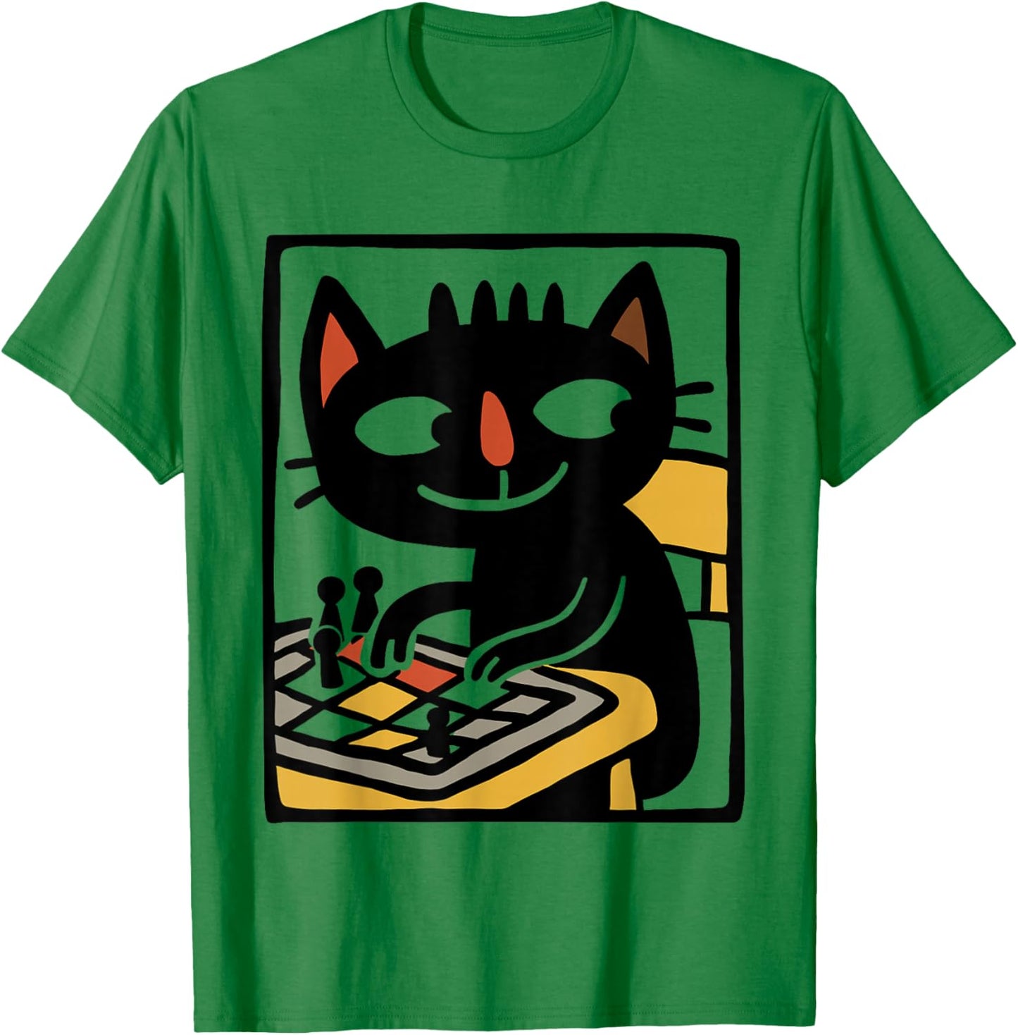 Black Cat Playing Board Game Illustration Funny Game Night T-Shirt - T-Shirt | Irish Green