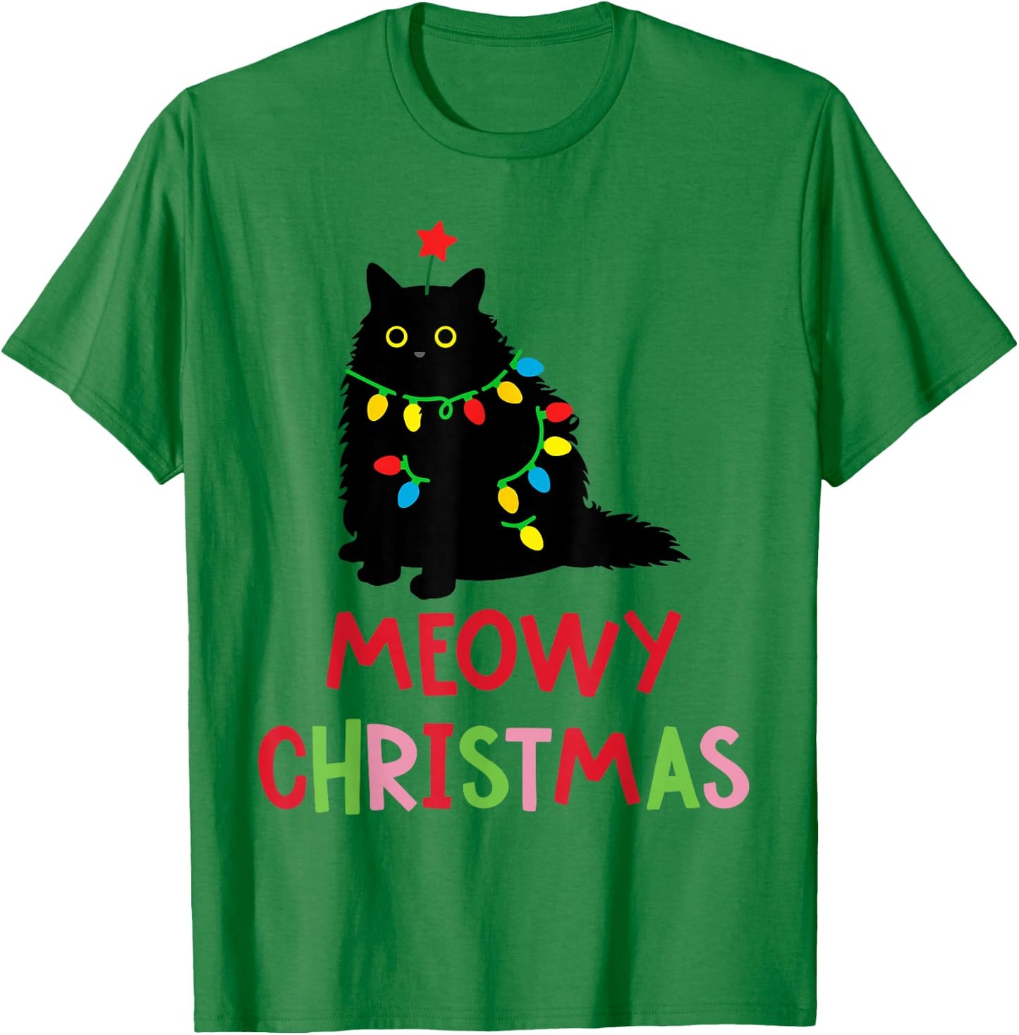 Meowy Christmas Funny Black Cat Christmas Lights Cat Lovers T-Shirt - T-Shirt | Irish Green
