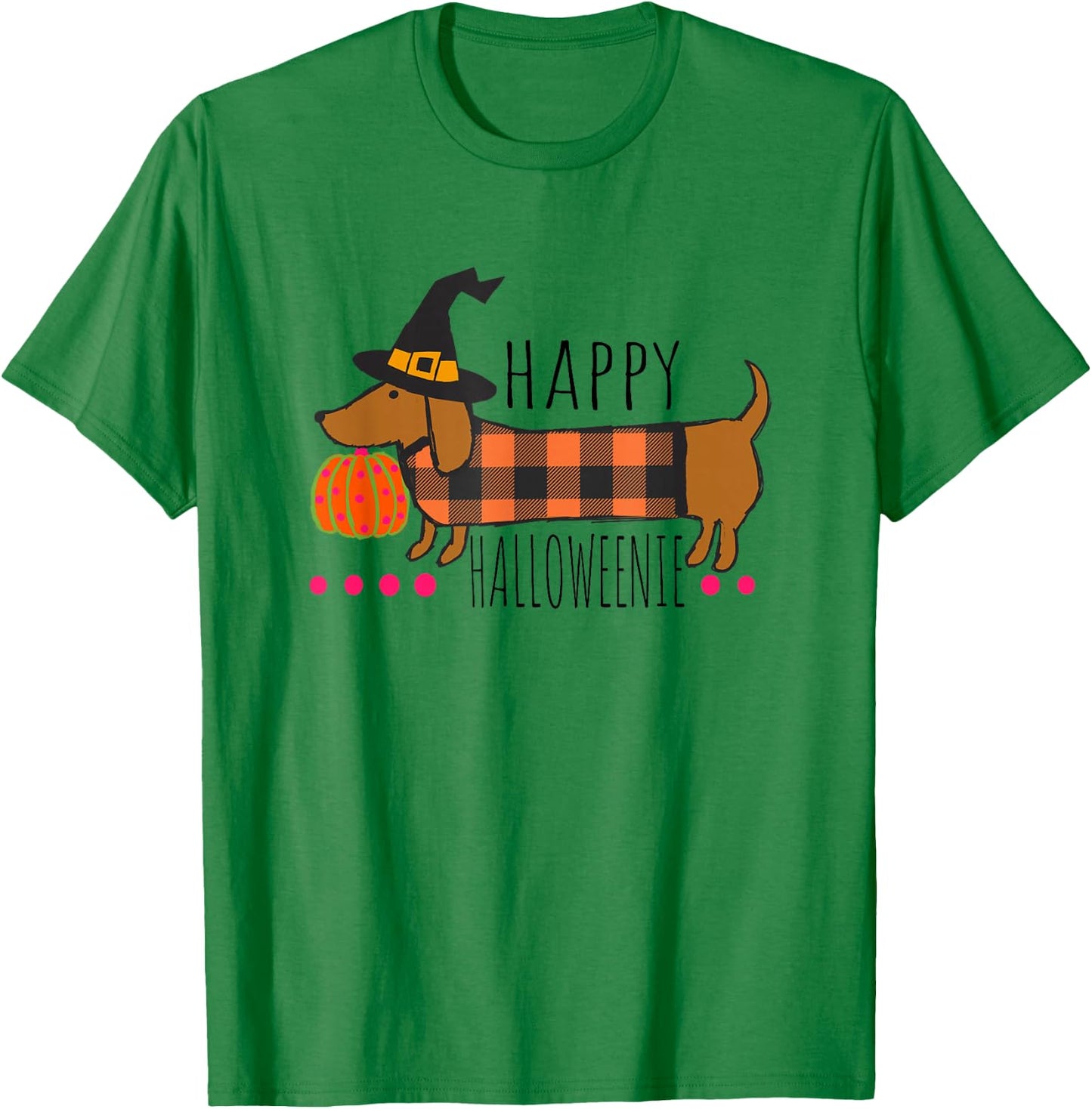 Funny Happy Halloweenie Dachshund Halloween Buffalo Plaid T-Shirt - T-Shirt | Irish Green