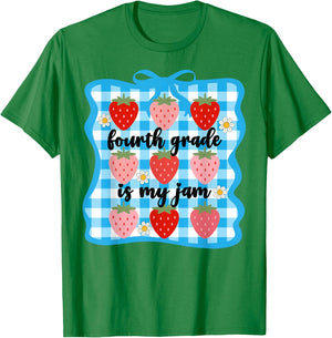 Fourth Grade is My Jam Strawberry Cute 4th Grade Teacher Bow T-Shirt - T-Shirt | Irish Green