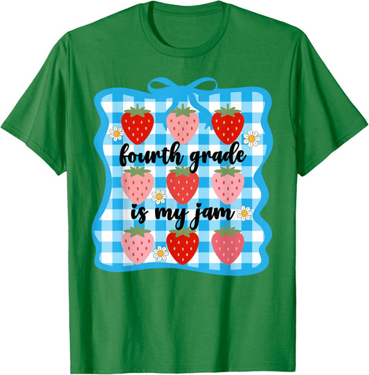 Fourth Grade is My Jam Strawberry Cute 4th Grade Teacher Bow T-Shirt - T-Shirt | Irish Green