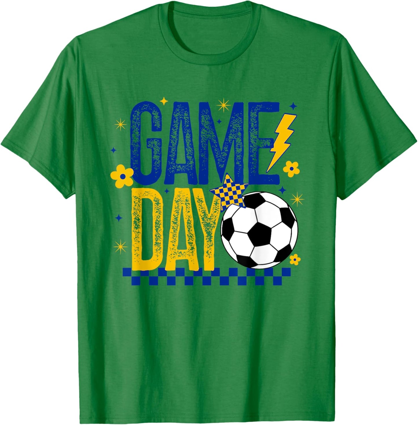 Game Day Soccer Season Retro Blue Gold Checkered Lightning T-Shirt - T-Shirt | Irish Green