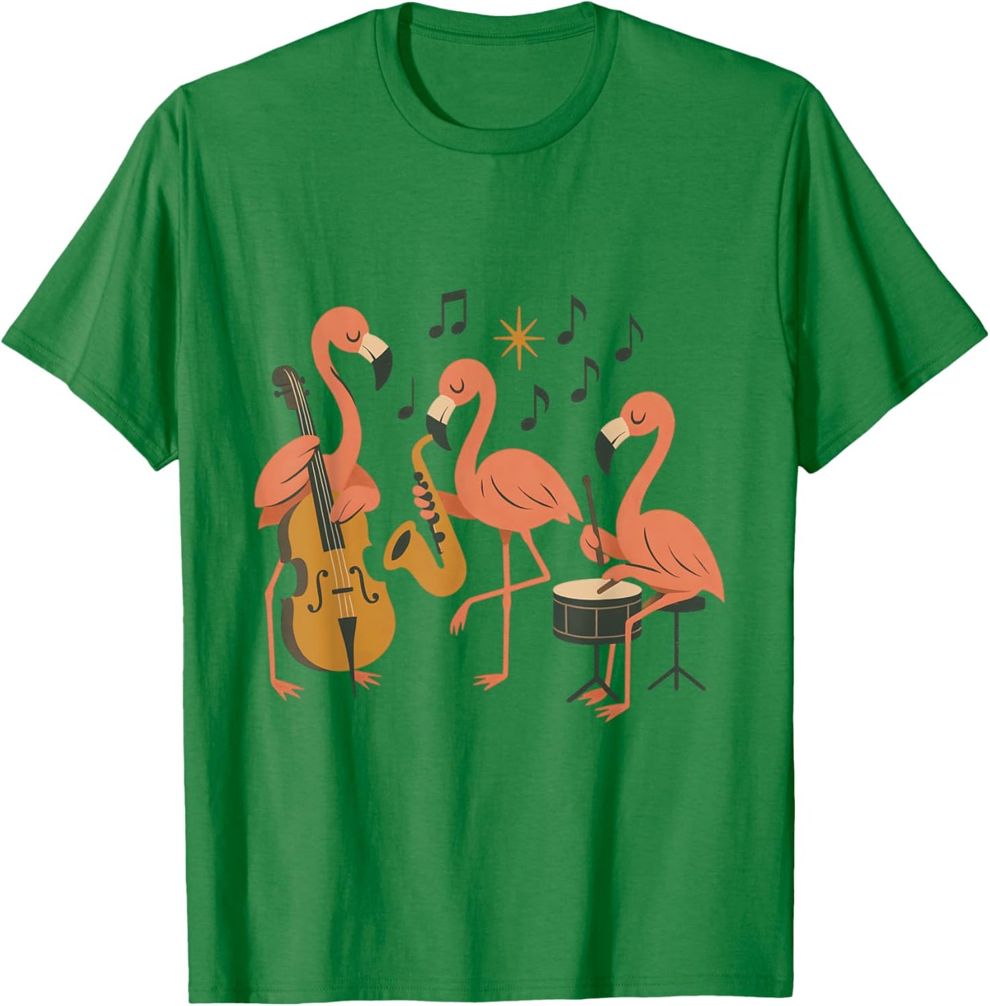 Funny Cartoon Flamingo Jazz Band Animal Music Graphic T-Shirt - T-Shirt | Irish Green