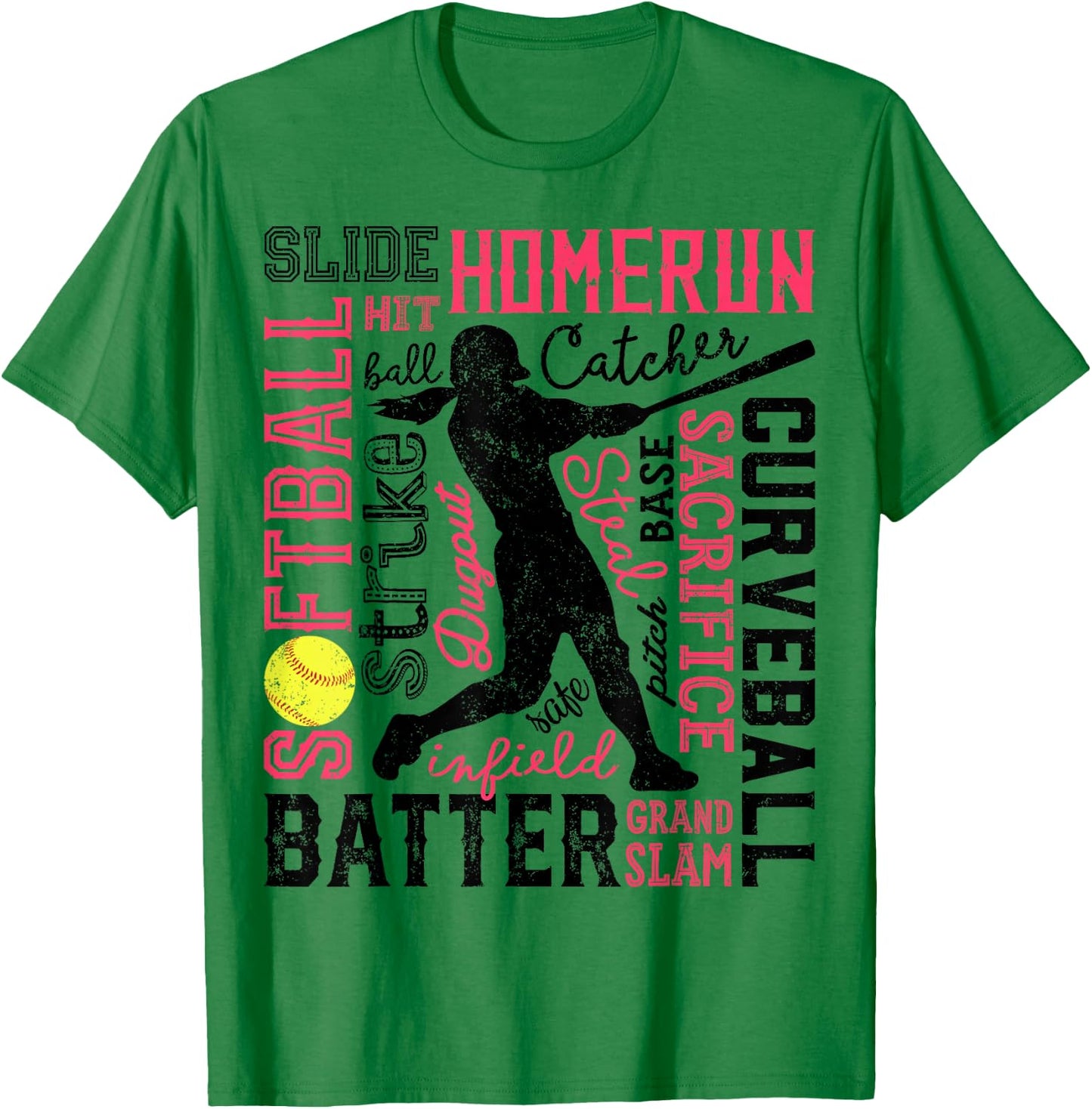 Softball Typography Word Art Funny Batter Pitcher Catcher T-Shirt - T-Shirt | Irish Green