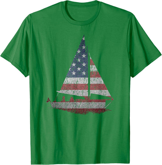 Distressed Stars & Stripes Sailboat Sailing Adventure T-Shirt - T-Shirt | Irish Green