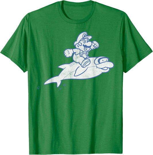 Super Mario Retro Dolphin Ride Outline Graphic T-Shirt - T-Shirt | Irish Green