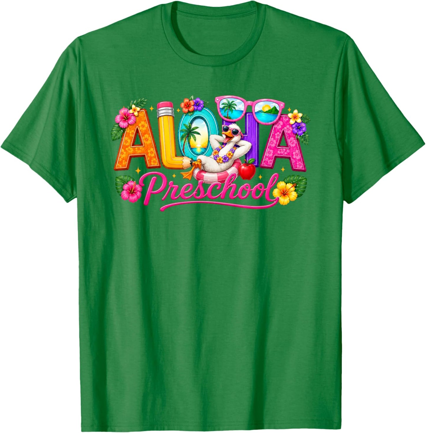 Aloha Preschool Tropical Floral Silly Goose Back to School T-Shirt - T-Shirt | Irish Green