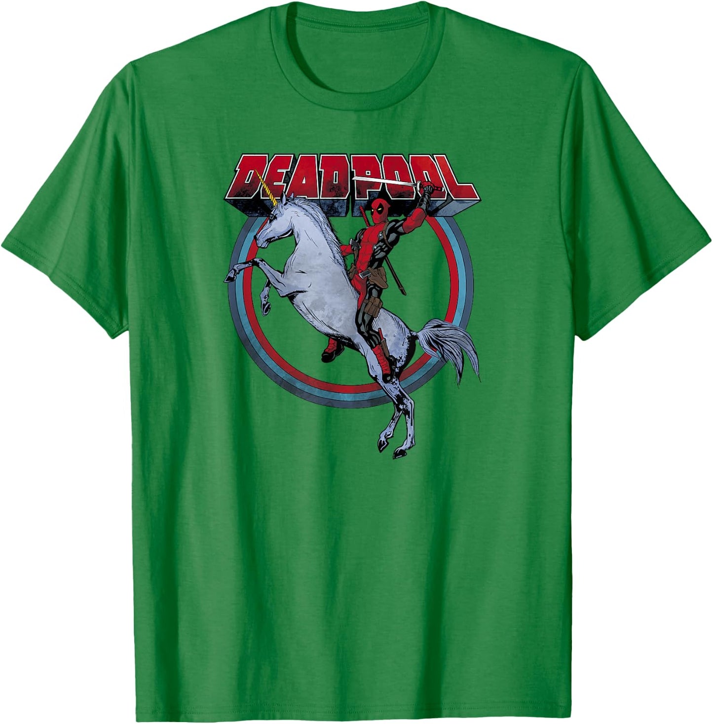 Marvel Deadpool Riding A Unicorn Circle Graphic C2 T-Shirt - T-Shirt | Irish Green