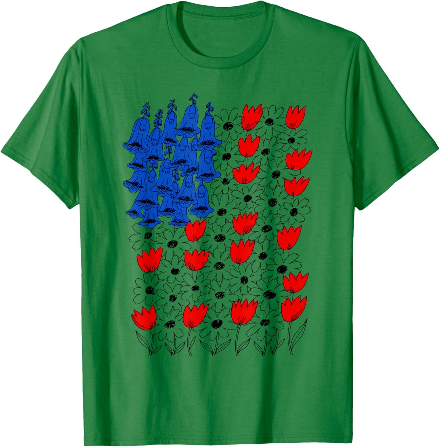 Fourth of July Foxglove Daisy Tulip Floral American Flag T-Shirt - T-Shirt | Irish Green