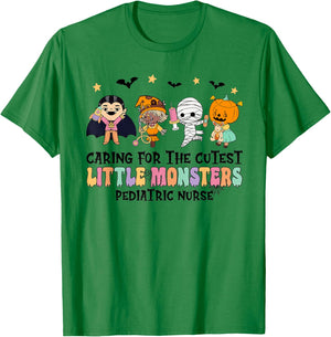 Caring For The Little Monsters Pediatric Nurse Halloween T-Shirt - T-Shirt | Irish Green